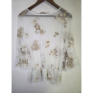Soft Surroundings Sheer Ivory Embroidered Mesh Top Size Large